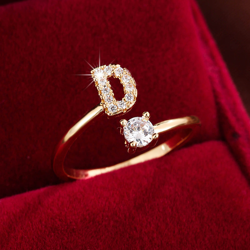 [Copper Fashion Ring] Four-claw Round Zirconia Adjustable Copper Ring With 26 English Letters
