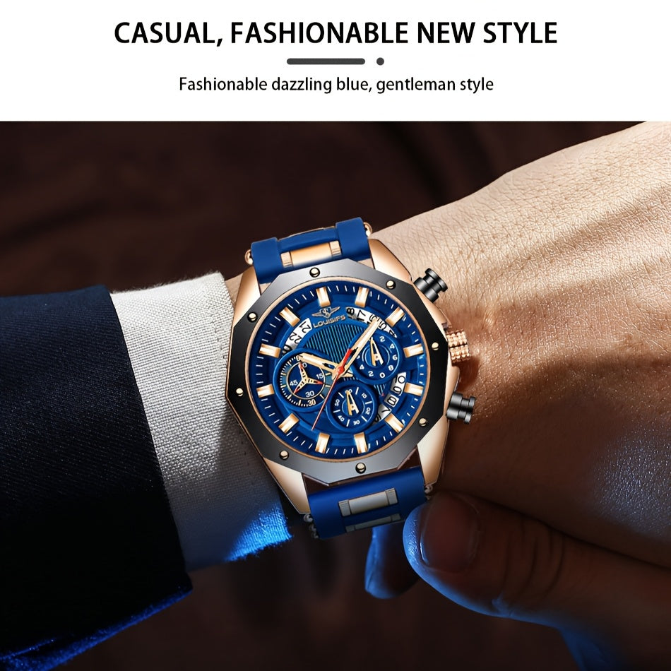 Men's Luxury Watch - Large Dial with Date Window, Quartz Movement, Navy Blue Dial & Golden-Tone Accents, for Business, Formal & Casual Attire - Ideal Gift for Men, Business Wristwatch, Sporty Elegant Design, Textured Strap De