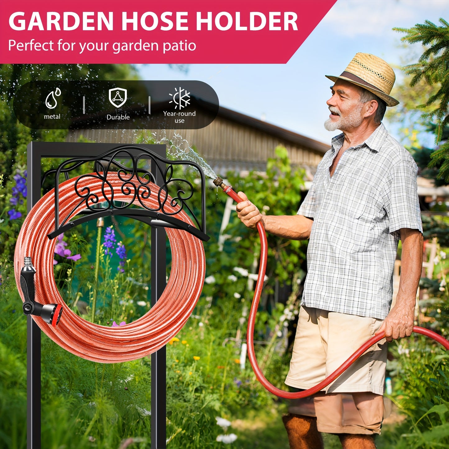 1pc Metal Garden Hose Holder, Outdoor Water Hose Holder with Hose Reel, Easy to Assemble, Detachable Design for Convenient Storage, for Outdoor, Garden, Patio Lawn, Black