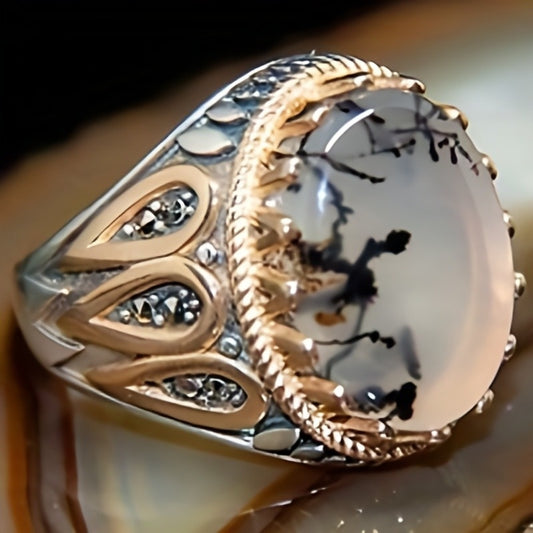 Vintage-Inspired Faux Opal Geometric Ring for Men - Stainless Steel Band with Intricate Design, Perfect for Engagement, Weddings, and Special Occasions, Wedding Ring