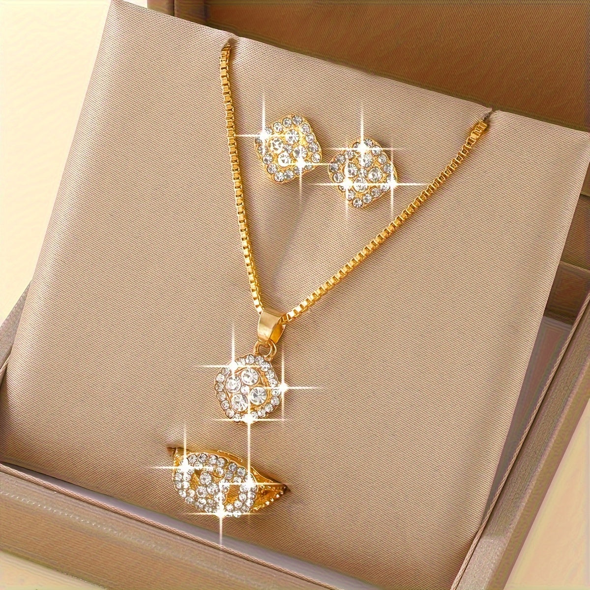 [Minimalist Jewelry] 4PCS Minimalist Women's Fashion Square Jewelry Set | Glass Inlay, Alloy Base, Suitable for Everyday Wear, Perfect for Teacher's Day/Back to School/Graduation Season