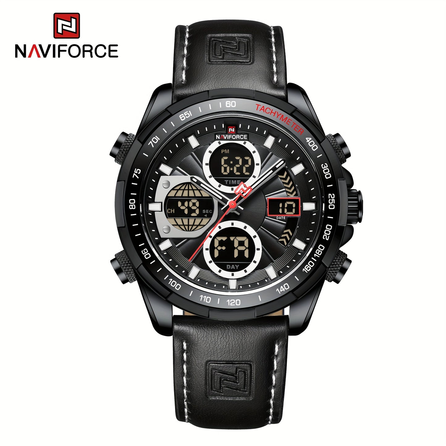 NAVIFORCE Men's Dual Display Sports Watch - Green Genuine Leather Strap, Stainless Steel Case, Chronograph & Date Functions, Ideal for Casual or Athletic Wear, Athletic Accessory|Classic Round Dial|Durable Zinc Alloy