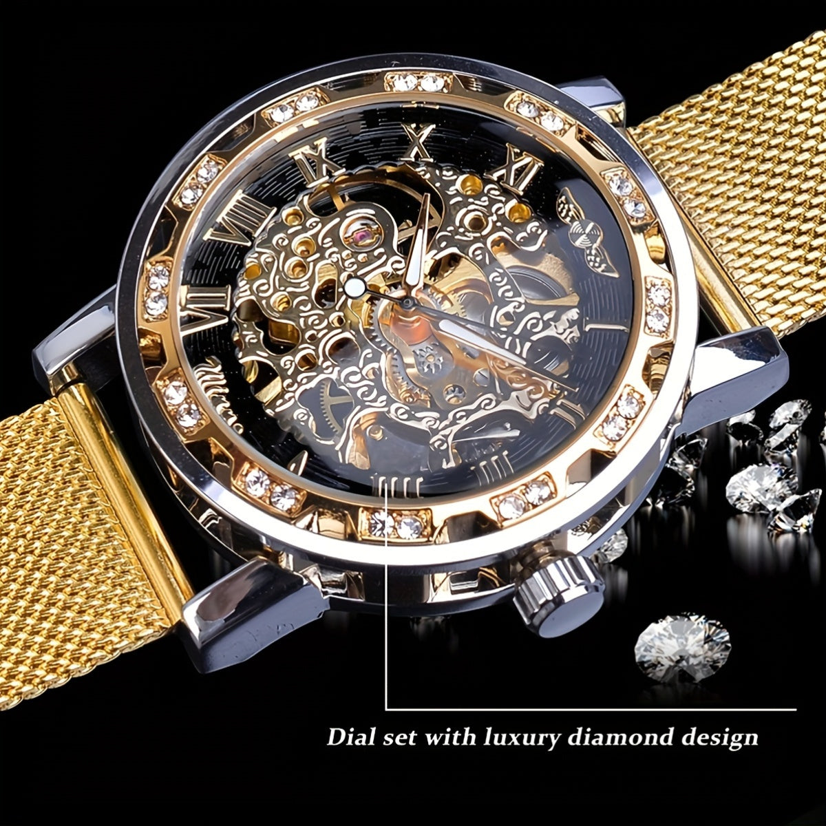 1pc Elegant Men's Mechanical Watch with Rhinestone Accents, Golden-Tone Hollow Mesh Band, Stainless Steel & Zinc Alloy Case, Self-Winding Movement, No Battery Needed - Business Style Luxury Watch for Formal & Casual Wear, For