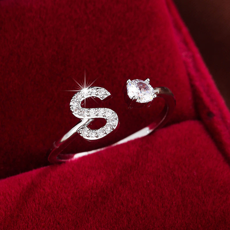 [Copper Fashion Ring] Four-claw Round Zirconia Adjustable Copper Ring With 26 English Letters