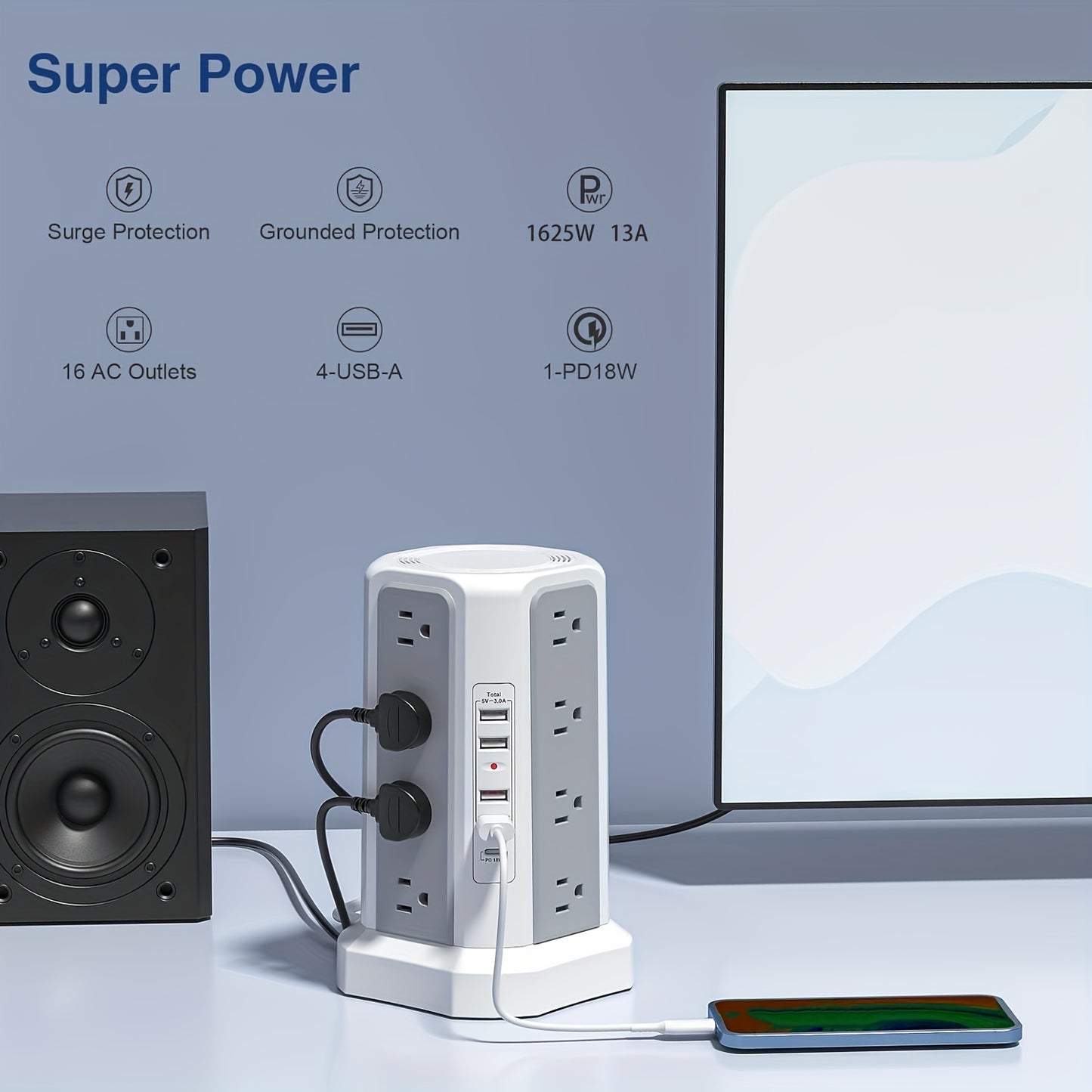 LEVEL 4 Upgraded New Product Flat Plug 16 AC Outlets Power Strip Tower with USB/USB C Port, Surge Protector Power Tower with 5 USB Charging Ports, Extension Cord Desktop Power Strip
