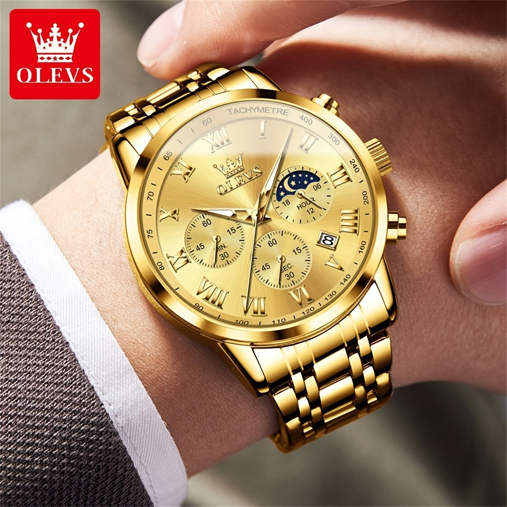 OLEVS Original Stainless Steel Fashion Multifunction Quartz Watch for Men High Quality Chronograph Calendar Moon Phase Luminous Luxury Men's Wrist Watches
