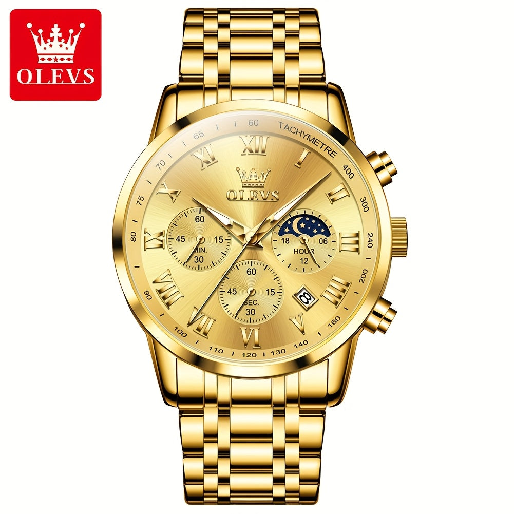 OLEVS Original Stainless Steel Fashion Multifunction Quartz Watch for Men High Quality Chronograph Calendar Moon Phase Luminous Luxury Men's Wrist Watches