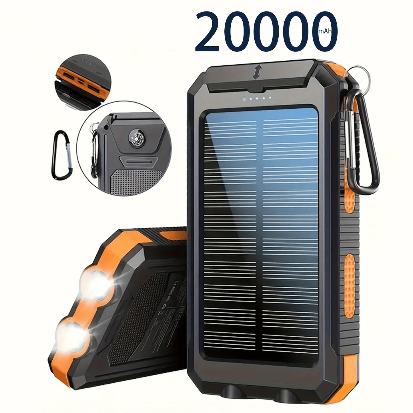 Portable Solar Mobile Phone Charger, Camping External Battery Charger For Mobile Phones, 2 USB/ LED Flashlights With Compass For Outdoor Activities, 15800/20000mAh Portable Solar Power Bank