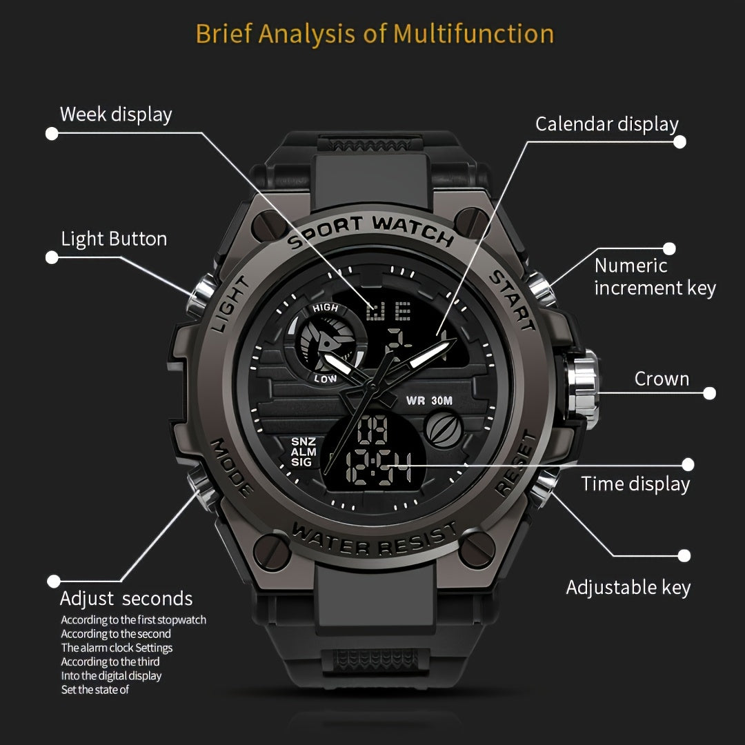 Rugged Men's LED Digital & Analog Sports Watch - to 30m, Stopwatch, Dual Display, Durable Black Resin Band, Zinc Alloy Case, for Outdoor Adventures