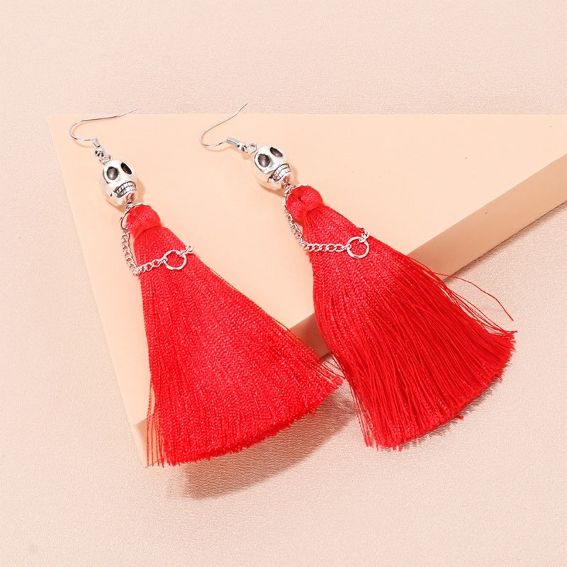 [With Tassel Dangle Earrings Skeleton] Halloween Skeleton Bride Design With Threads Tassel Dangle Earrings Goth Party Style Zinc Alloy Jewelry Ghost Festival Ear Ornaments