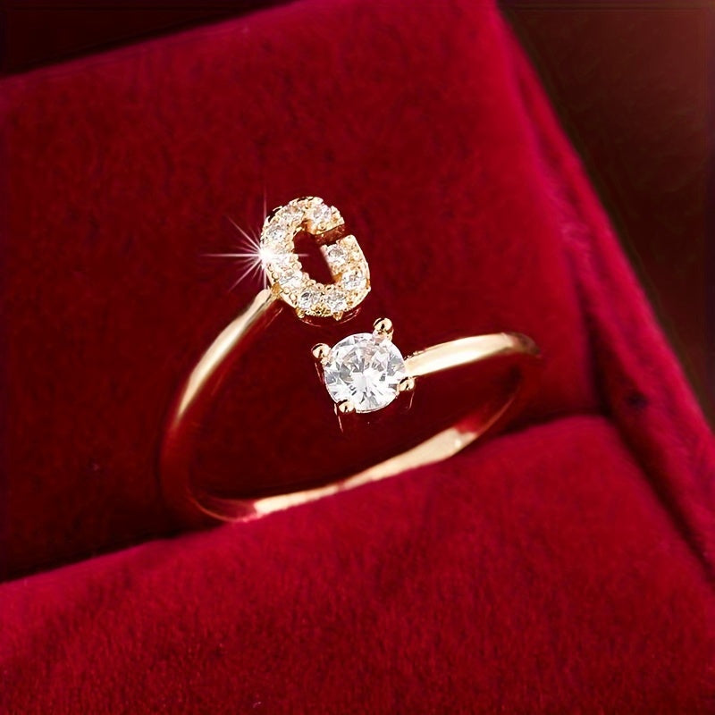 [Copper Fashion Ring] Four-claw Round Zirconia Adjustable Copper Ring With 26 English Letters