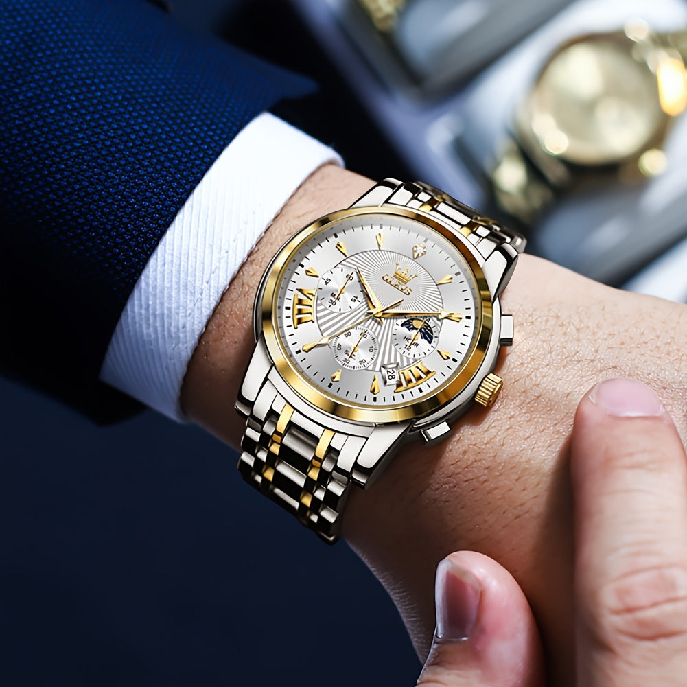 OLEVS Watch for Men Chronograph Stainless Steel Case Analog Quartz Fashion Business Dress Large Face Men Watch Day Date Luminous Waterproof Casual Male Wrist Watch