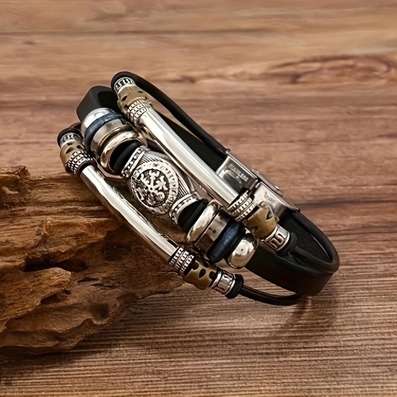 Vintage Viking Style Men's Bracelet - Faux Leather & Copper Metalwork with Intertwined Bands, Roman Numeral Dial & Lion Head Charms - Durable PU Leather Statement Jewelry Gift for Him