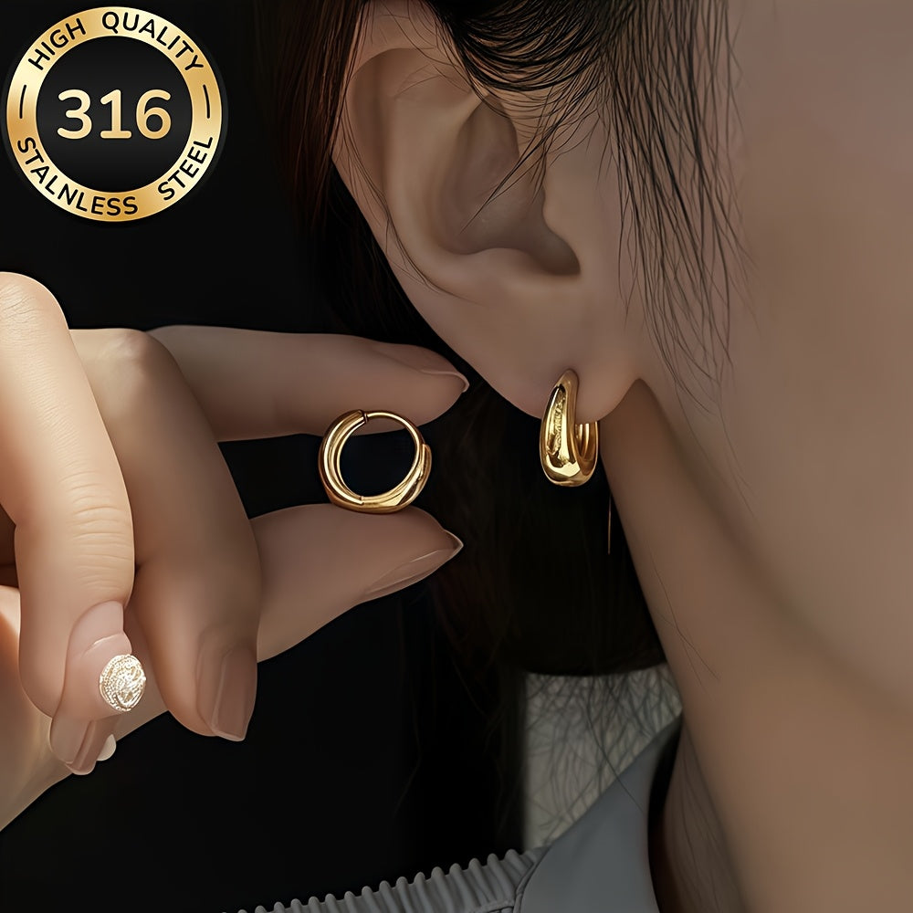 Hypoallergenic French Stainless Steel Hoop Earrings, 18K Golden Plated, Anti-Fade, Comfortable And Versatile, Simple And Elegant, High-Quality Fashionable Women'S Earrings for Daily Wear Or Parties, Jewelry Accessories, Are E