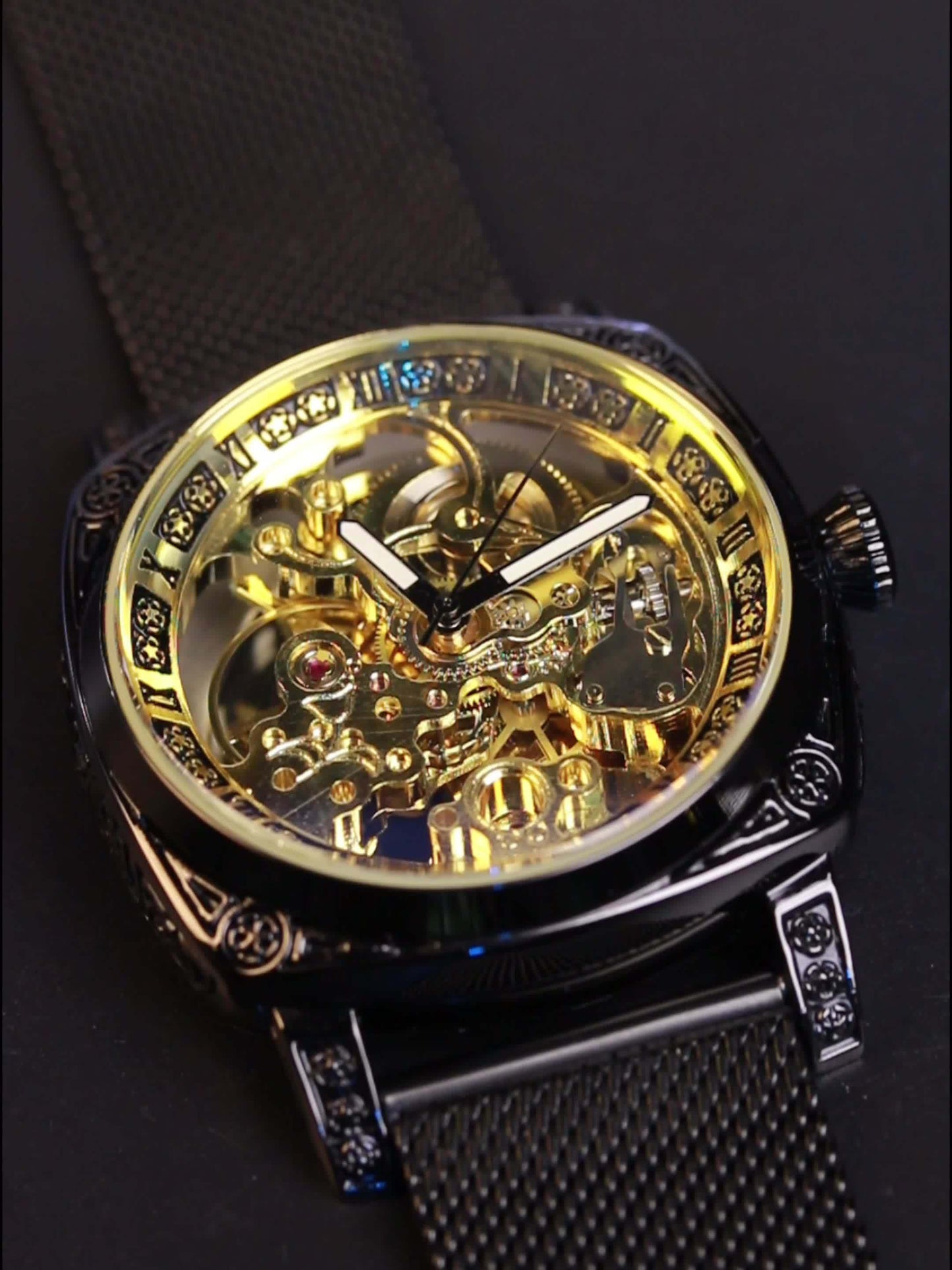 Men's Avant-Garde Automatic Mechanical Watch - Black Steel Mesh Strap, Golden-Tone Skeleton Dial with Carved Hollow-Out Design, Roman Numerals & Date Display - Luxury Modern Men's Fashion Accessory, Automatic Wristwatch | Mod