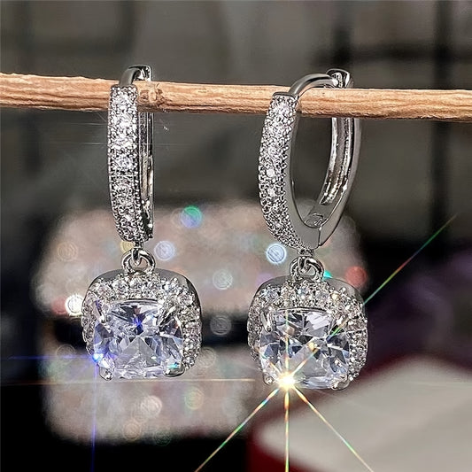 A Pair of Copper Square Design Earrings with Micro Zirconia for Ladies, Suitable for Weddings and Daily Use