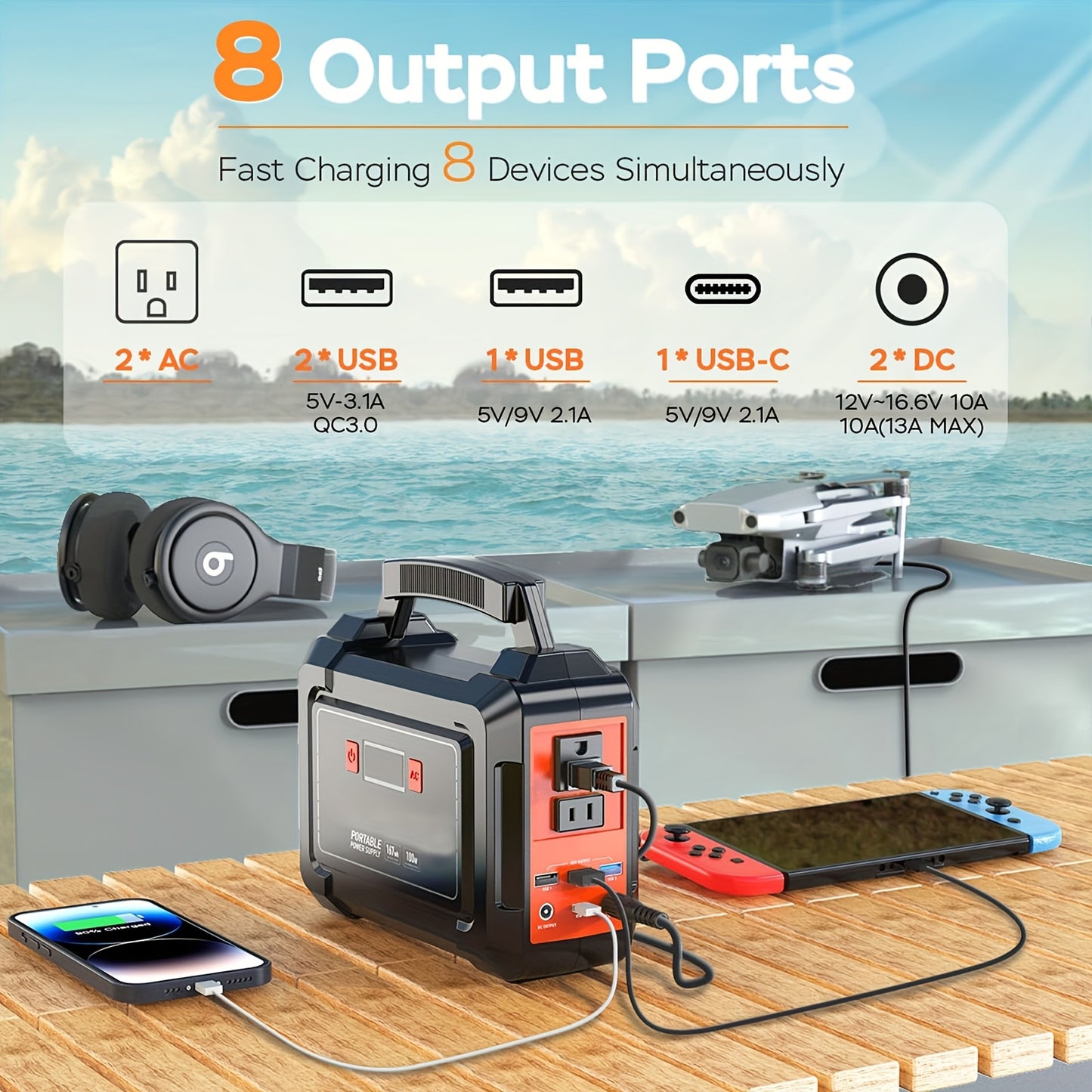 Portable Power Station 200W/300W Peak Camping Solar Generator 155Wh/167Wh/296Wh Power Bank with 30/60W Solar Panel with AC Outlet 110V with Multi-Output LED Flashlights for CPAP Home Camping Hurricane Emergency