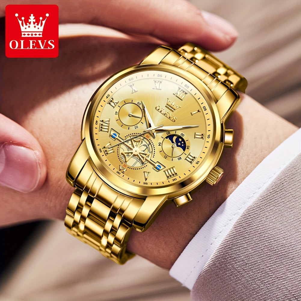 [Luxury Men's Watch] OLEVS Luxury Men's Business Watch | Stainless Steel, Blue Dial, Golden Markers, Moon Phase Indicator, Luminous Hands, Quartz Movement, Roman Numerals & Crown Detailing | Versatile Wristwatch for Formal &