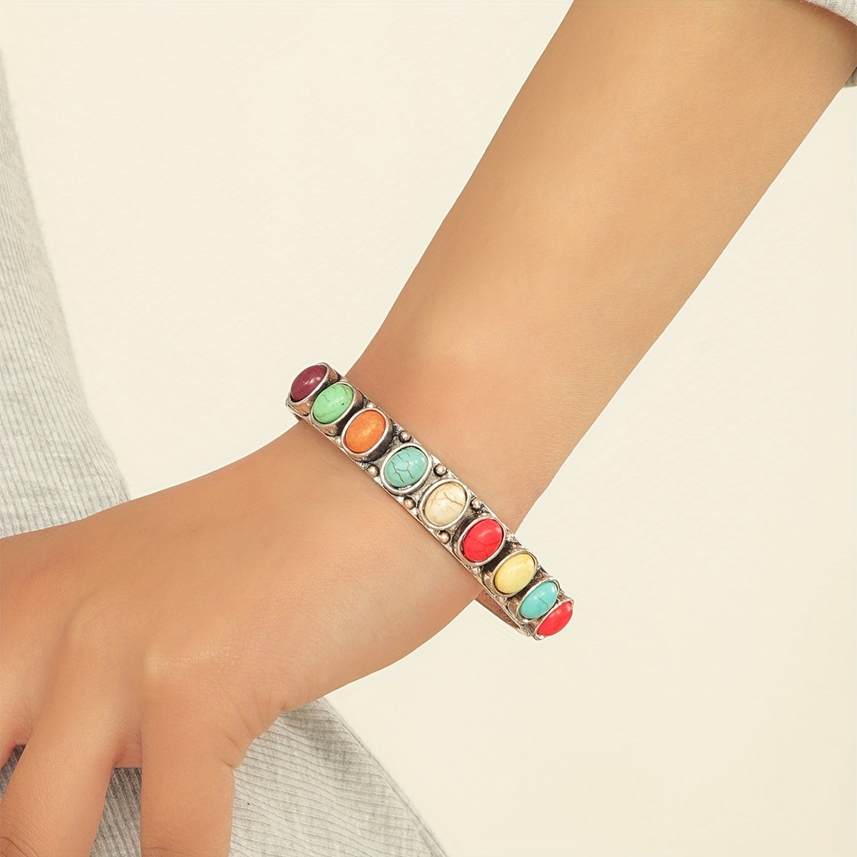 Vibrant Boho Turquoise Cuff Bracelet - Handcrafted Vintage Elegance with Adjustable Fit and Genuine Stones