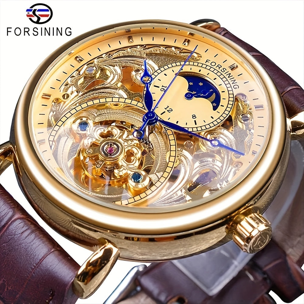 Forsining Vintage Royal Golden Men's Skeleton Watch - Tourbillon & Moon Dial, Blue Hands, Stainless Steel Case, Faux Leather Strap - Elegant Business Fashion Wristwatch, Mechanical Watches, Ideal Luxury Gifts, Casual