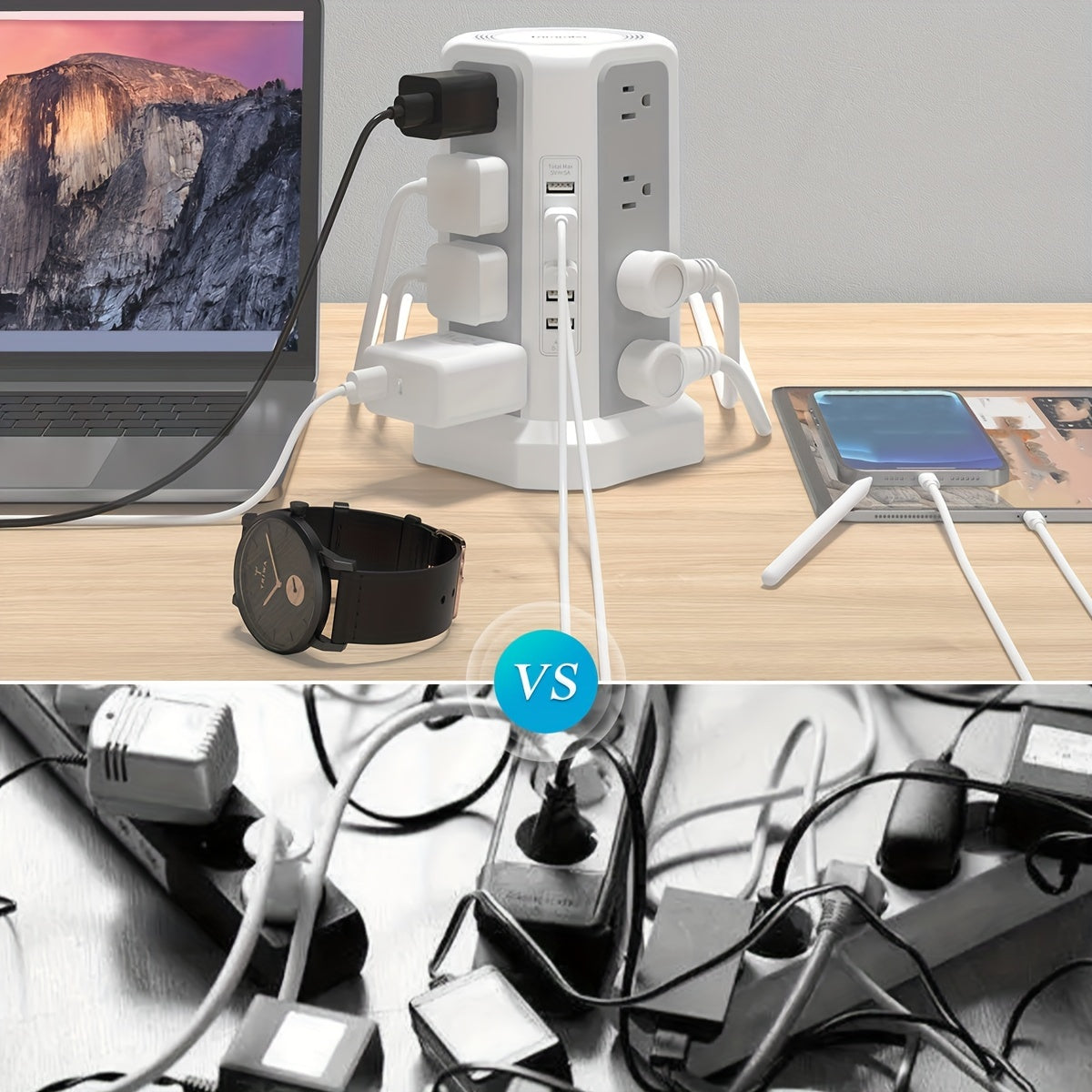 LEVEL 4 Upgraded New Product Flat Plug 16 AC Outlets Power Strip Tower with USB/USB C Port, Surge Protector Power Tower with 5 USB Charging Ports, Extension Cord Desktop Power Strip