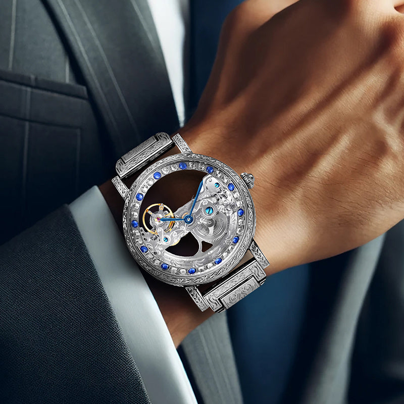 1pc Men's Silvery Steel Strip Fashion Style Gorgeous Carved Set Flywheel Mechanical Watch
