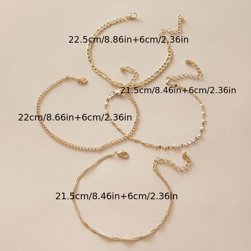 Four-piece Set of Fashionable and Simple Chain Anklets, Metal Alloy Foot Chain Set