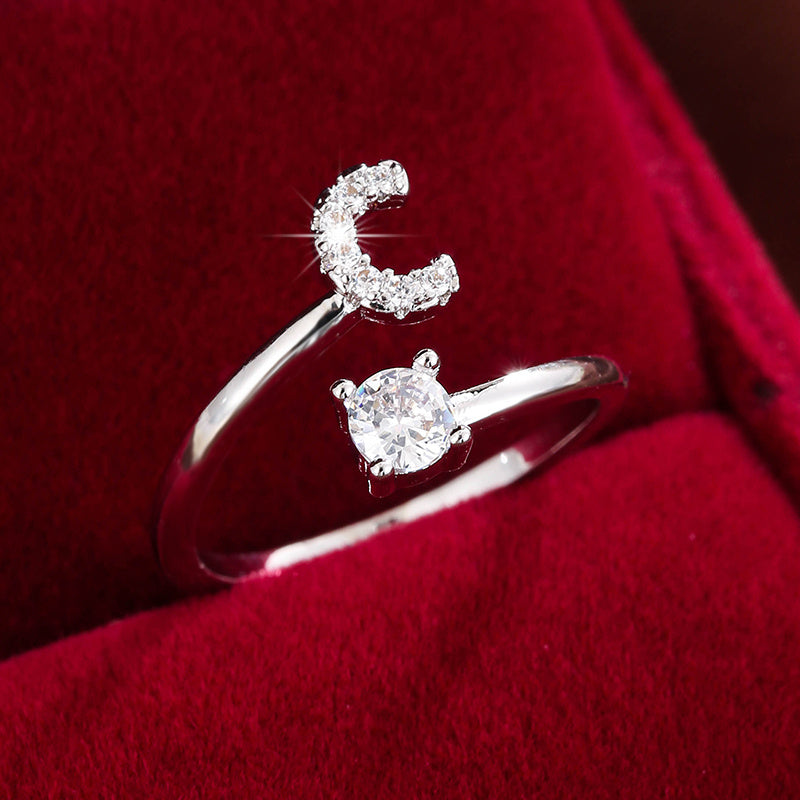 [Copper Fashion Ring] Four-claw Round Zirconia Adjustable Copper Ring With 26 English Letters