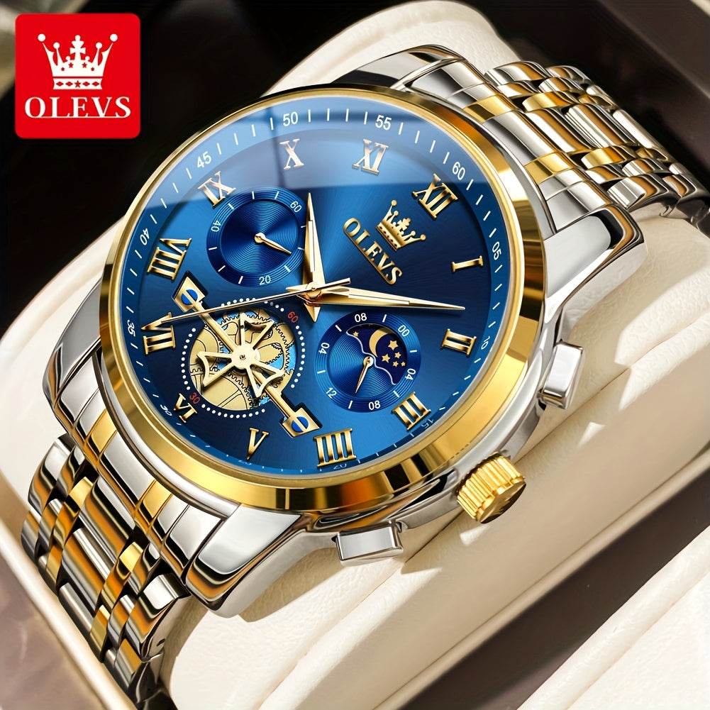 [Luxury Men's Watch] OLEVS Luxury Men's Business Watch | Stainless Steel, Blue Dial, Golden Markers, Moon Phase Indicator, Luminous Hands, Quartz Movement, Roman Numerals & Crown Detailing | Versatile Wristwatch for Formal &