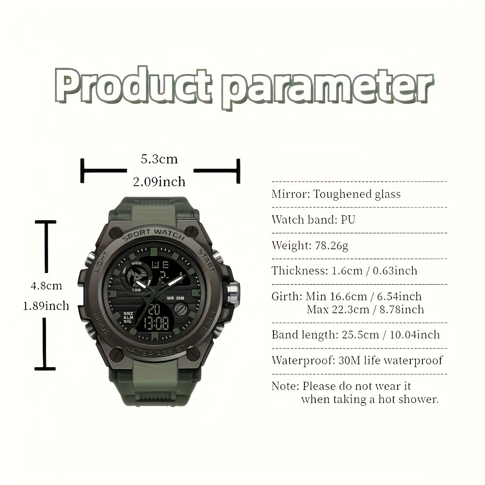 Rugged Men's LED Digital & Analog Sports Watch - to 30m, Stopwatch, Dual Display, Durable Black Resin Band, Zinc Alloy Case, for Outdoor Adventures