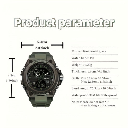 Rugged Men's LED Digital & Analog Sports Watch - to 30m, Stopwatch, Dual Display, Durable Black Resin Band, Zinc Alloy Case, for Outdoor Adventures