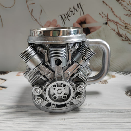 V6 or V8 Engine Beer & Coffee Mug - Heavy-Duty Cup with Piston, Connecting Rods, Valve Covers - Compatible with Automotive Enthusiasts, Mechanics, Car Lovers - Ideal Birthday/Retirement Gift for Men, Unique Gift Item, Detaile