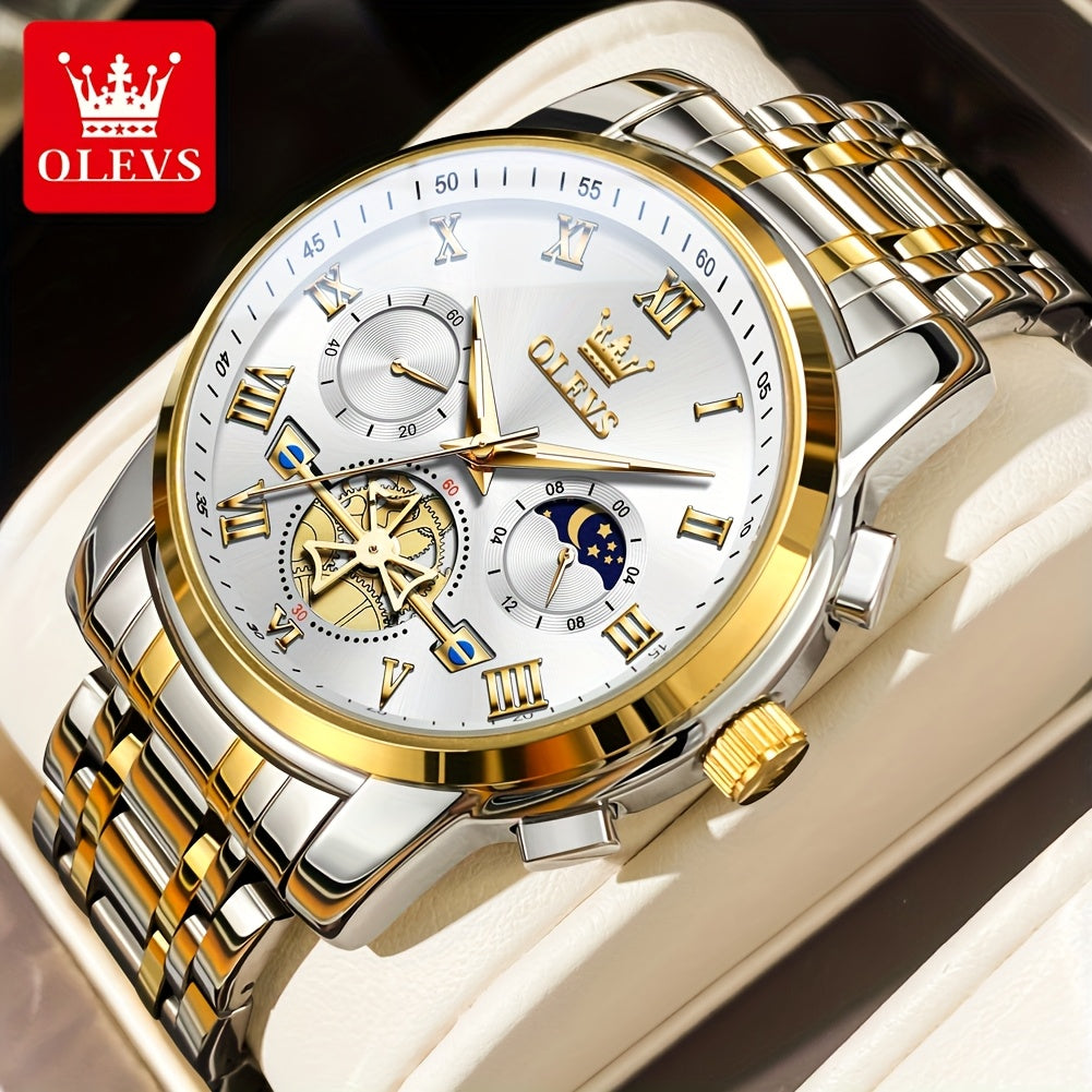 [Luxury Men's Watch] OLEVS Luxury Men's Business Watch | Stainless Steel, Blue Dial, Golden Markers, Moon Phase Indicator, Luminous Hands, Quartz Movement, Roman Numerals & Crown Detailing | Versatile Wristwatch for Formal &