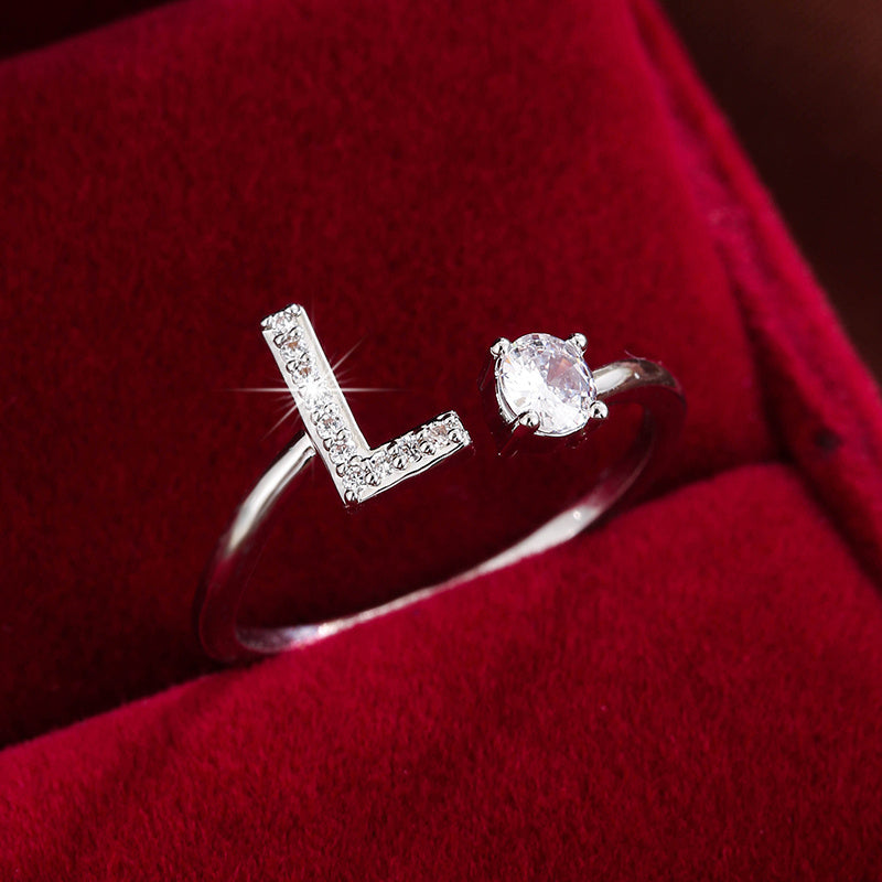 [Copper Fashion Ring] Four-claw Round Zirconia Adjustable Copper Ring With 26 English Letters
