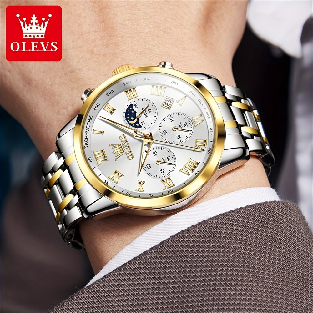 OLEVS Original Stainless Steel Fashion Multifunction Quartz Watch for Men High Quality Chronograph Calendar Moon Phase Luminous Luxury Men's Wrist Watches
