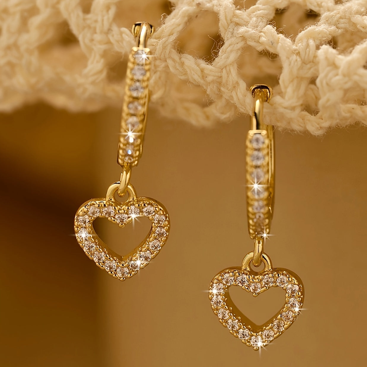 18K Golden Plated Copper Hoop Earrings with Heart Drop Pendant, Synthetic 3A Zirconia, Simple Sexy Style, No Power Required, Ideal for Daily Wear and Gift-Giving