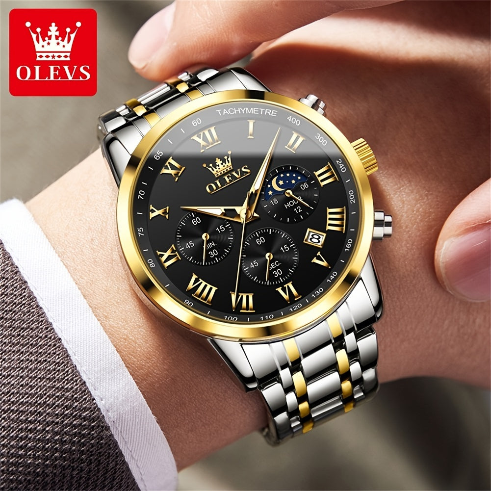 OLEVS Men Watch Stainless Steel Chronograph Roman Numerals Moon Phases Analog Quartz Luxury Dress Watch for Men