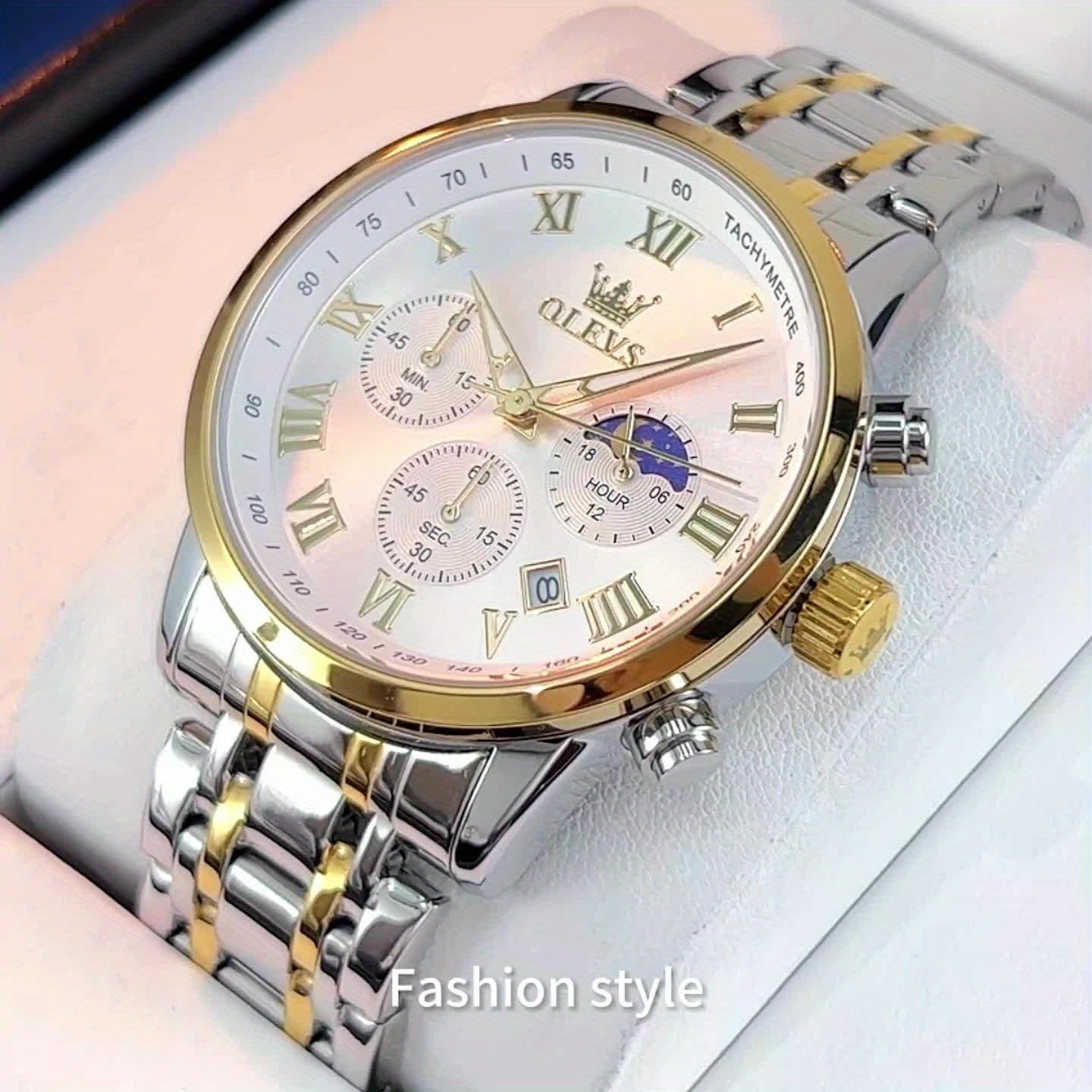 OLEVS Original Stainless Steel Fashion Multifunction Quartz Watch for Men High Quality Chronograph Calendar Moon Phase Luminous Luxury Men's Wrist Watches