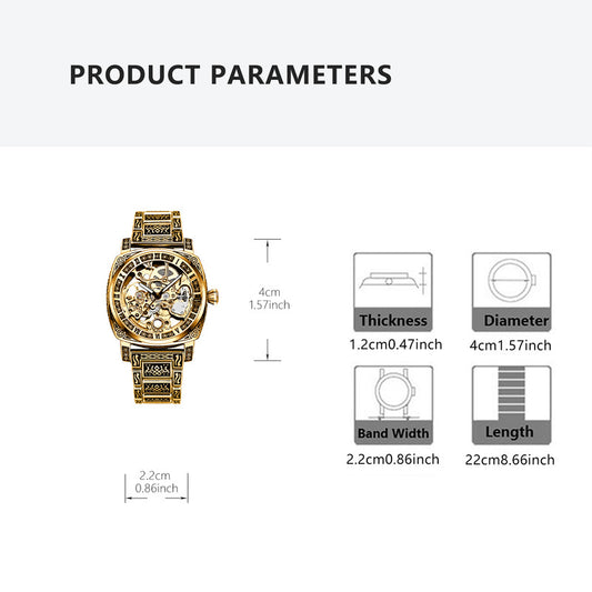 1pc Elegant Men'S Mechanical Watch, Goldene Zinc Alloy Case, Self-Winding Round Dial with Carved Night Light Design, Pointer Display, Zinc Alloy Strap - No Battery Required