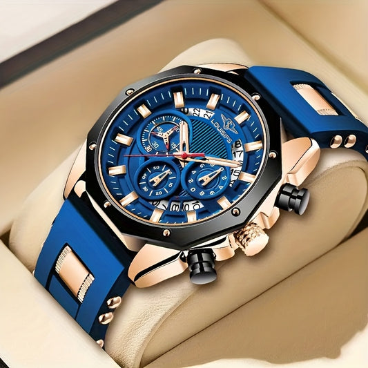 Men's Luxury Watch - Large Dial with Date Window, Quartz Movement, Navy Blue Dial & Golden-Tone Accents, for Business, Formal & Casual Attire - Ideal Gift for Men, Business Wristwatch, Sporty Elegant Design, Textured Strap De