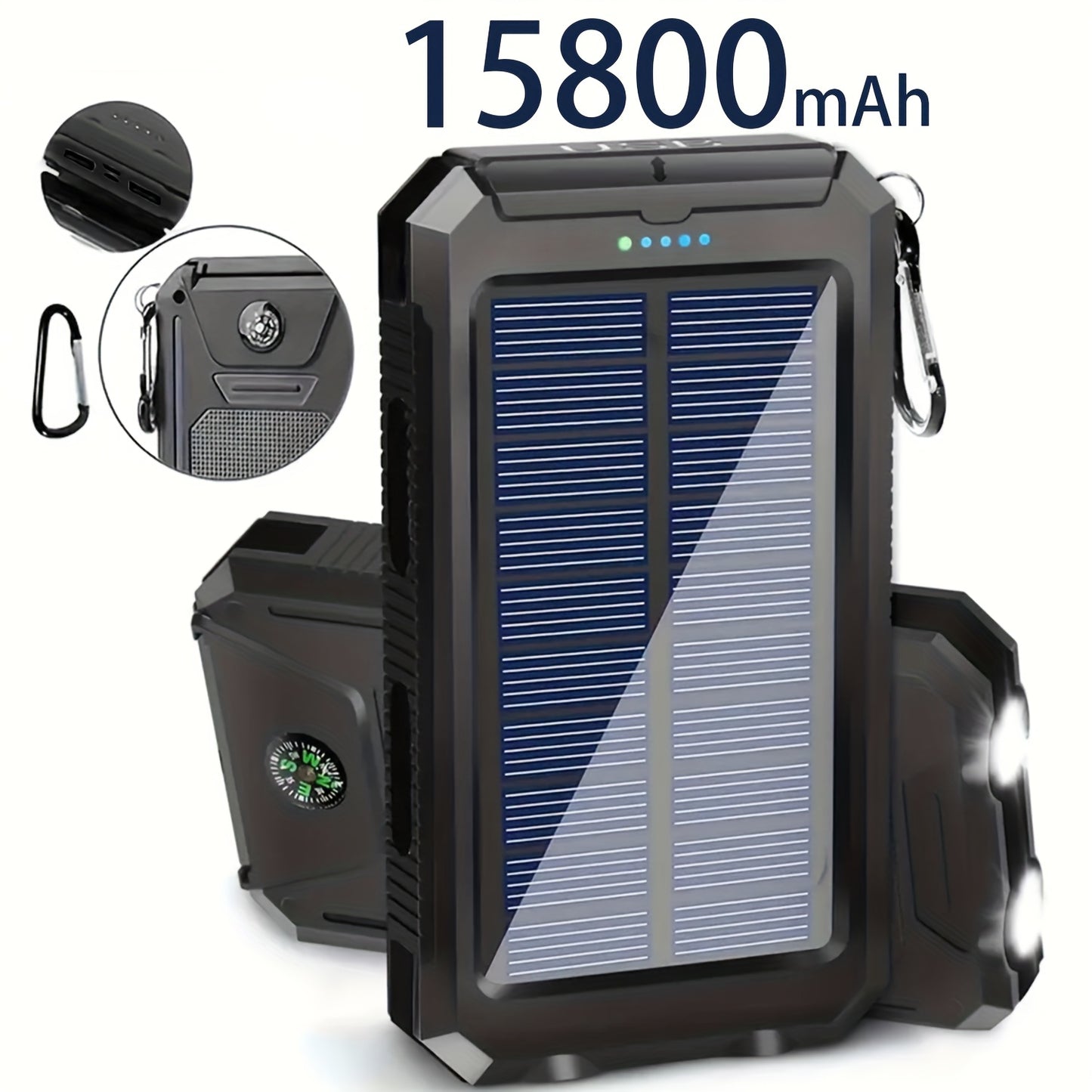 Portable Solar Mobile Phone Charger, Camping External Battery Charger For Mobile Phones, 2 USB/ LED Flashlights With Compass For Outdoor Activities, 15800/20000mAh Portable Solar Power Bank