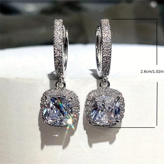 A Pair of Copper Square Design Earrings with Micro Zirconia for Ladies, Suitable for Weddings and Daily Use