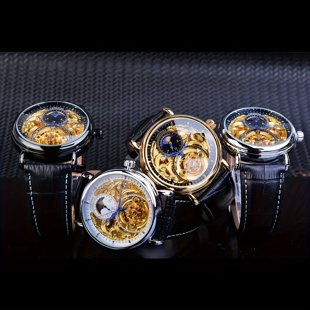 Forsining Vintage Royal Golden Men's Skeleton Watch - Tourbillon & Moon Dial, Blue Hands, Stainless Steel Case, Faux Leather Strap - Elegant Business Fashion Wristwatch, Mechanical Watches, Ideal Luxury Gifts, Casual