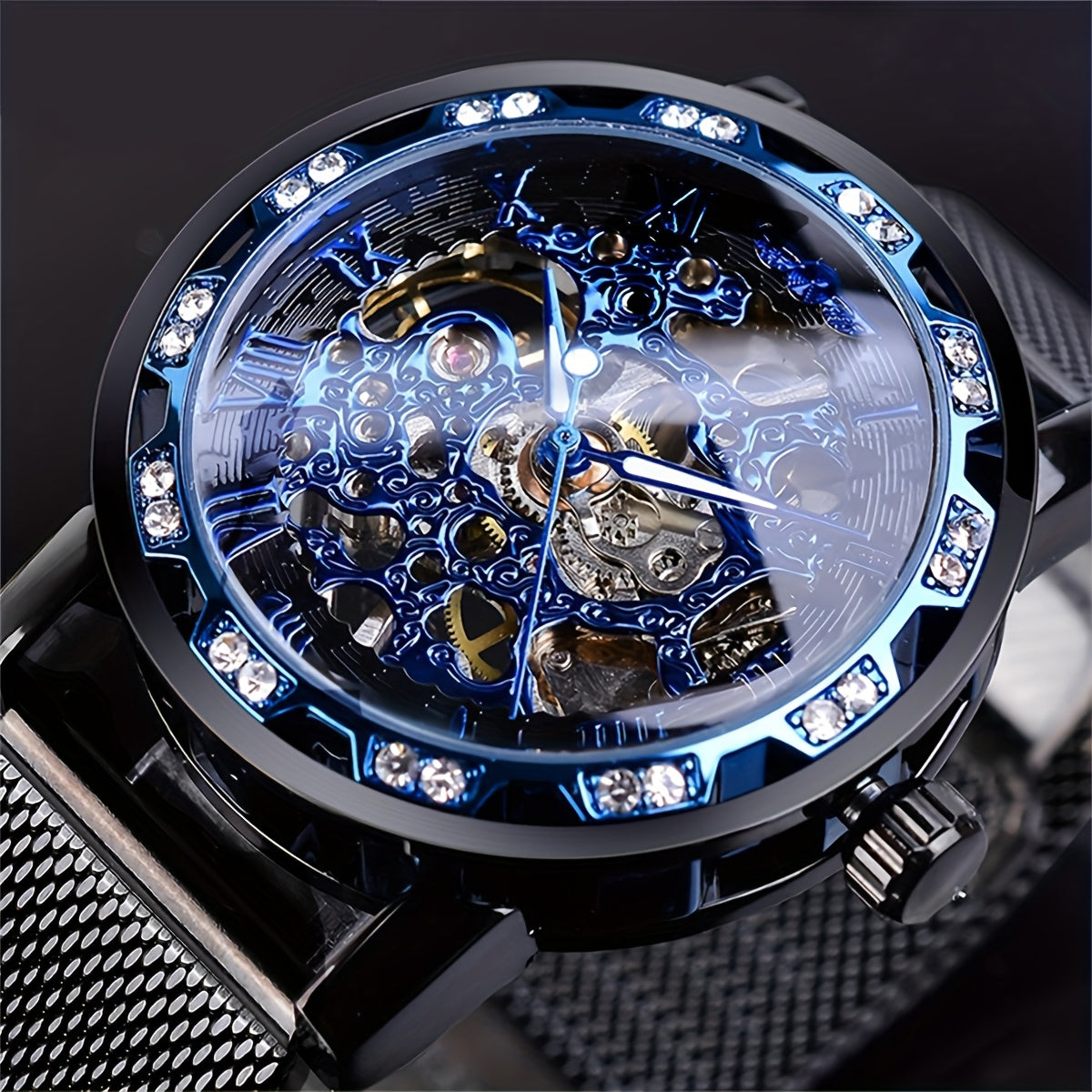 1pc Elegant Men's Mechanical Watch with Rhinestone Accents, Golden-Tone Hollow Mesh Band, Stainless Steel & Zinc Alloy Case, Self-Winding Movement, No Battery Needed - Business Style Luxury Watch for Formal & Casual Wear, For
