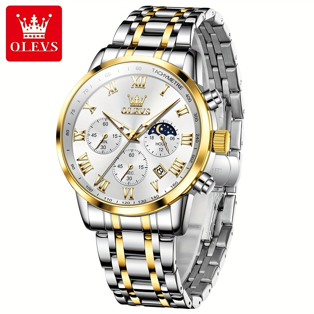 OLEVS Original Stainless Steel Fashion Multifunction Quartz Watch for Men High Quality Chronograph Calendar Moon Phase Luminous Luxury Men's Wrist Watches