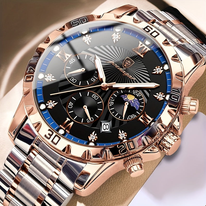 POEDAGAR Authentic Men'S Watch, Multifunctional Sports Watch with Three Sub-Dials And Six Hands, Strong Luminous Feature, Embedded with Synthetic Diamonds, a Premium Men'S Wristwatch, Couple'S Watch, Perfect for Holidays And