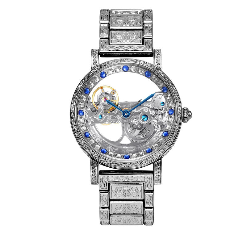 1pc Men's Silvery Steel Strip Fashion Style Gorgeous Carved Set Flywheel Mechanical Watch