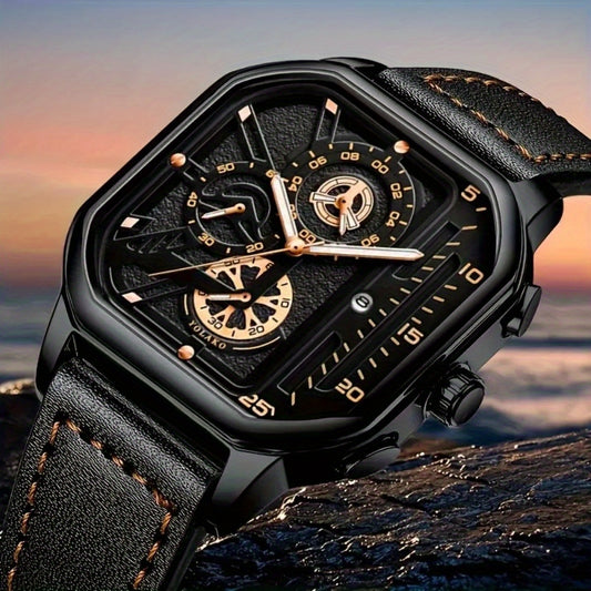 1pc Vintage Faux Leather Sport Wrist Watch - Stylish Black Quartz Movement with Square Dial, Brown Faux Leather Strap & Golden-Tone Accents, Casual Business Casual Attire, Father'S Day Gift, Campus Accessory, Vintage Wristwat
