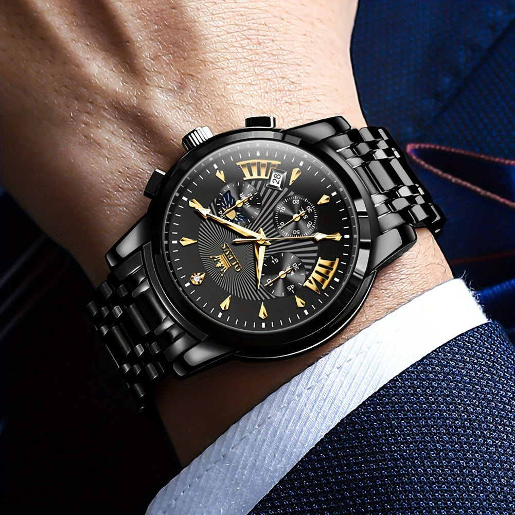 OLEVS Watch for Men Chronograph Stainless Steel Case Analog Quartz Fashion Business Dress Large Face Men Watch Day Date Luminous Waterproof Casual Male Wrist Watch