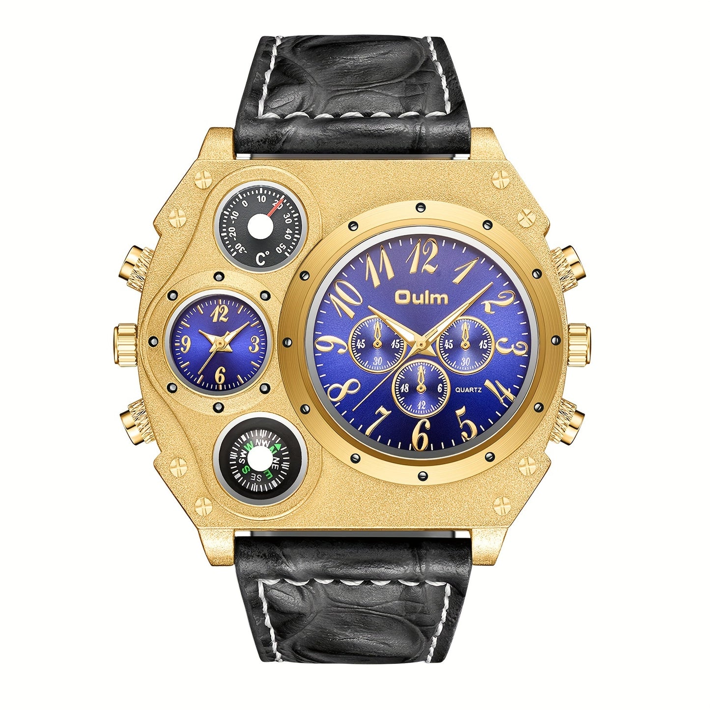 Men 2 Time Zone Big Quartz Watch Mens Faux Leather Wrist Watch Casual Sports Wirstwatch